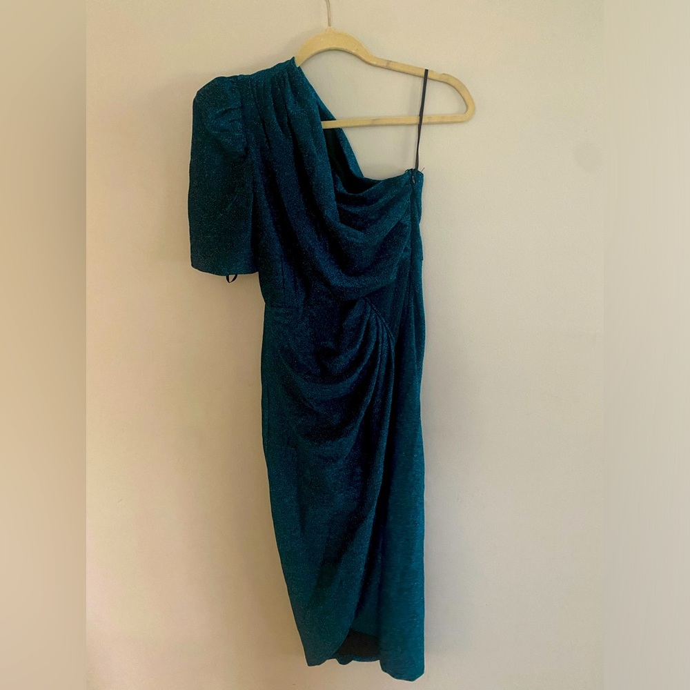 One shoulder iridescent cocktail dress.